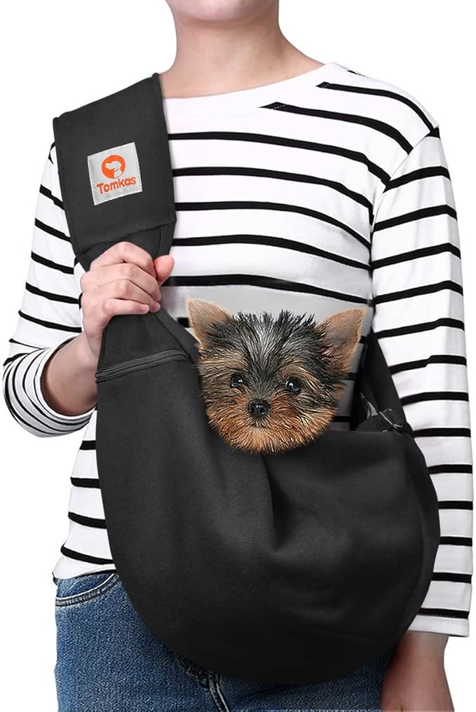 Tomkas Small Dog Sling Carrier - Zipper Pocket & Classic Strap - for 3-10 lbs Pets(Black)