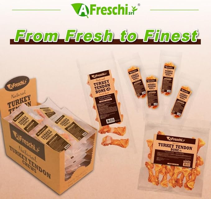 Afreschi Natural Turkey Tendon Bone (S) 8 oz, USA-Sourced Turkey Tendon, All Natural Puppy Chew, Hypoallergenic, Rawhide Alternative, for Small Breeds