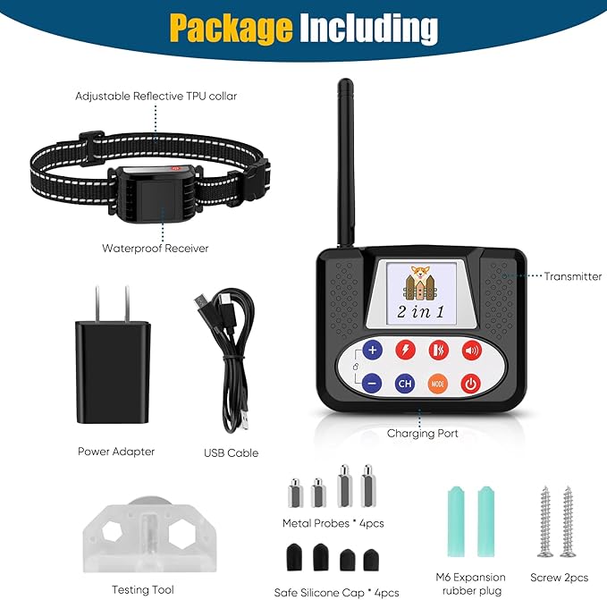 Wireless Dog Fence System, Electric Fence for Dogs with Big LCD Screen, 2 in 1 Portable Wireless Pet Perimeter for Outdoor, Pet Remote Training collar, Adjustable Collar for Big Medium Small Dogs