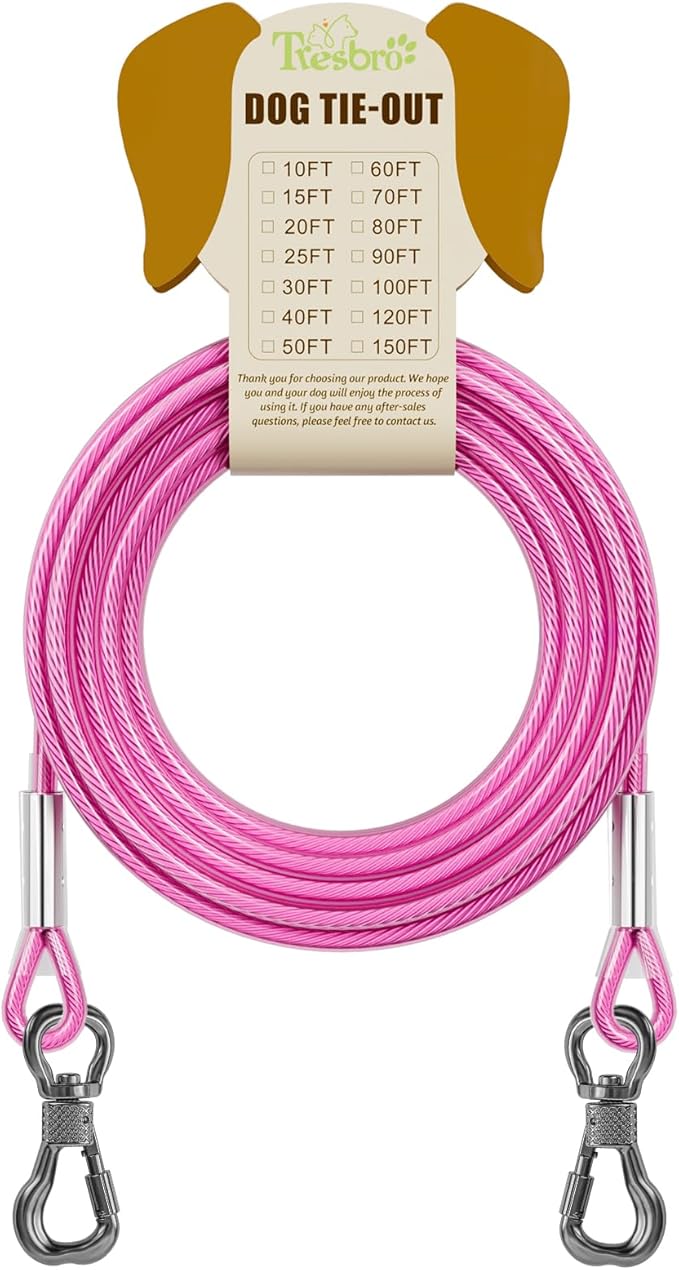 Tresbro 20FT Reflective Tie Out Cable for Dogs Up to 250 Pounds, Steel Wire Lead Leash Cable with Stainless Rotatable Buckle, Lightweight and Enduring, Dog Chains Outside for Outdoor, Yard, Pink