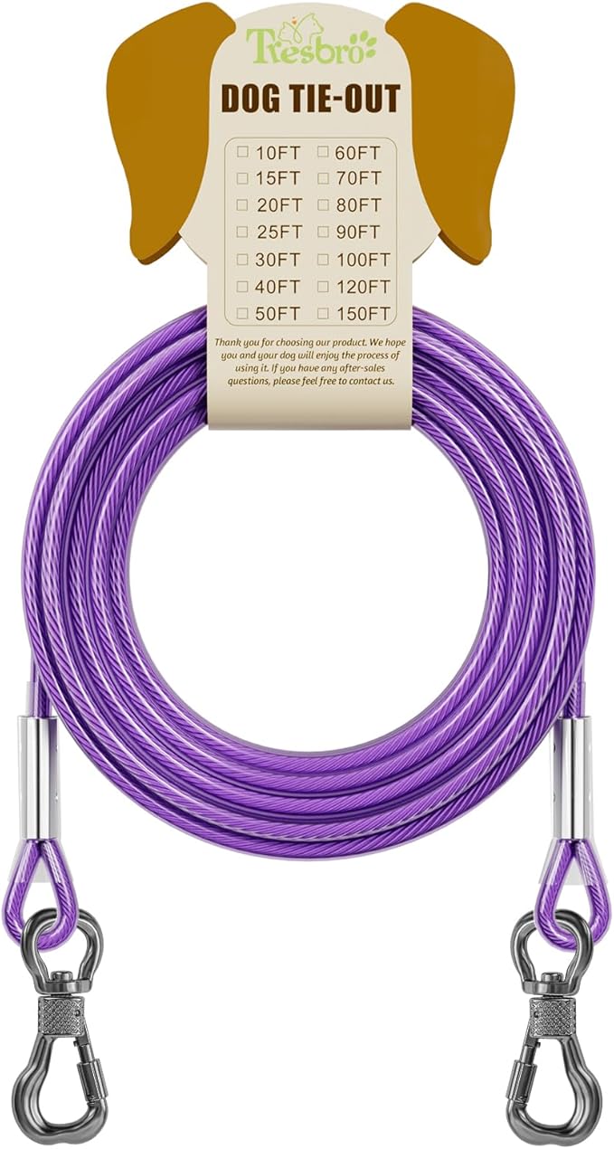 Tresbro 15FT Reflective Tie Out Cable for Dogs Up to 250 Pounds, Steel Wire Lead Leash Cable with Stainless Rotatable Buckle, Lightweight and Enduring, Dog Chains Outside for Outdoor, Yard, Purple