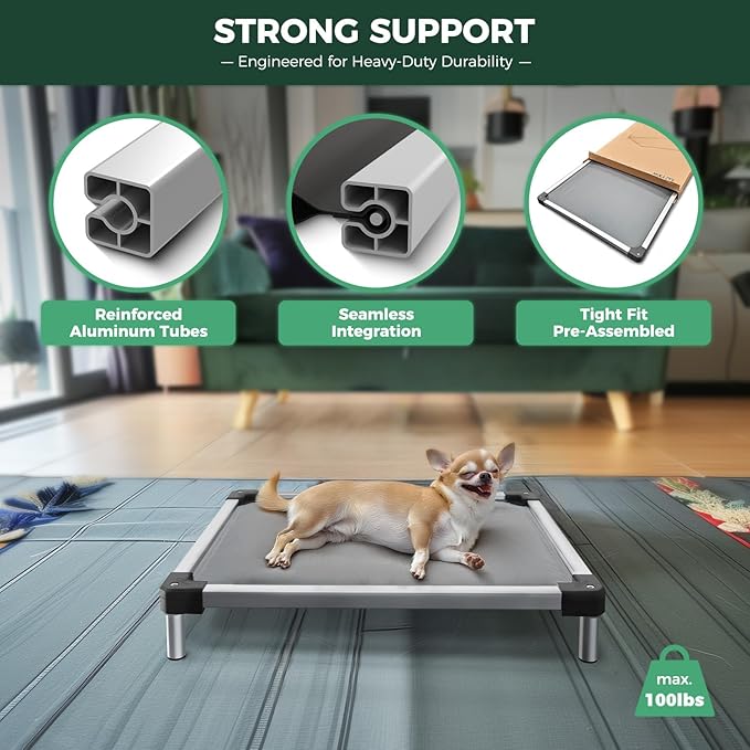 FXW TitanNest Chew-Proof Elevated Dog Bed, Raised Cot for Indoor/Outdoor/Camping Use, Durable & Washable Padded Pet Bed with Exclusive Reuseable Cover for Medium Dogs, 42.0" L x 27.0" W x 5.0" H, Gray