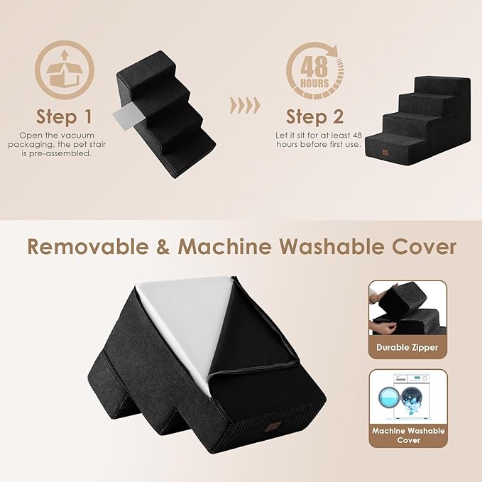 EHEYCIGA Dog Stairs for Bed 20" H, 4-Step Extra Wide Dog Steps for High Bed, Pet Steps for Small Dogs and Cats, Non-Slip Balanced Pet Ramp Indoor, Black
