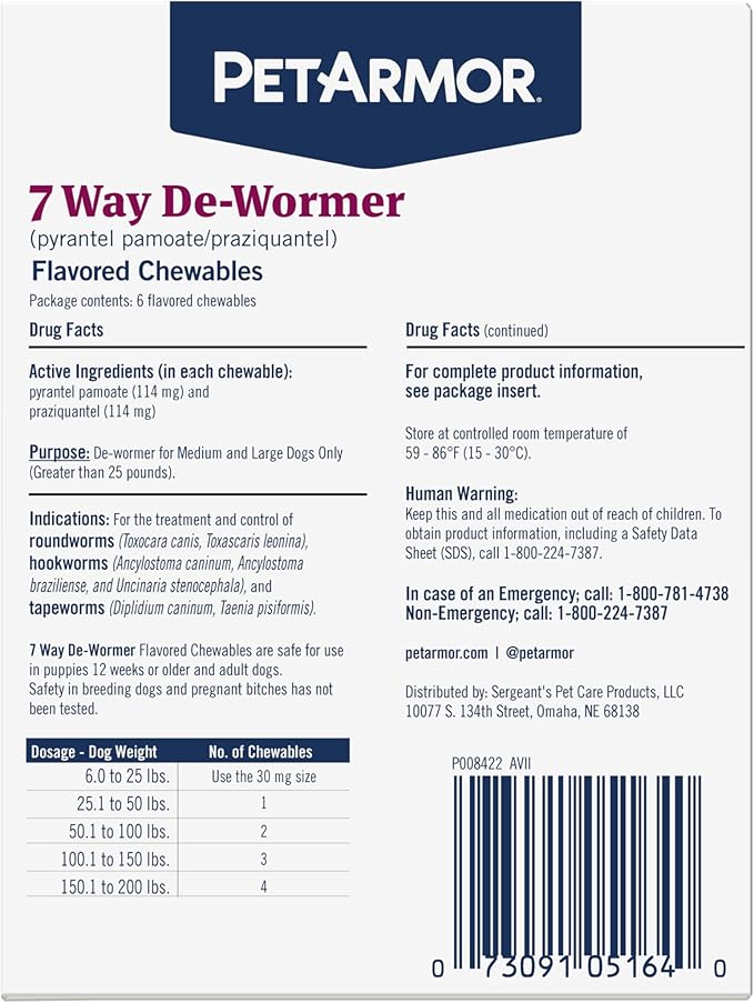 PetArmor 7 Way De-Wormer for Dogs, Oral Treatment for Tapeworm, Roundworm & Hookworm in Large Dogs & Puppies (Over 25 lbs), Worm Remover (Praziquantel & Pyrantel Pamoate), 6 Flavored Chewables