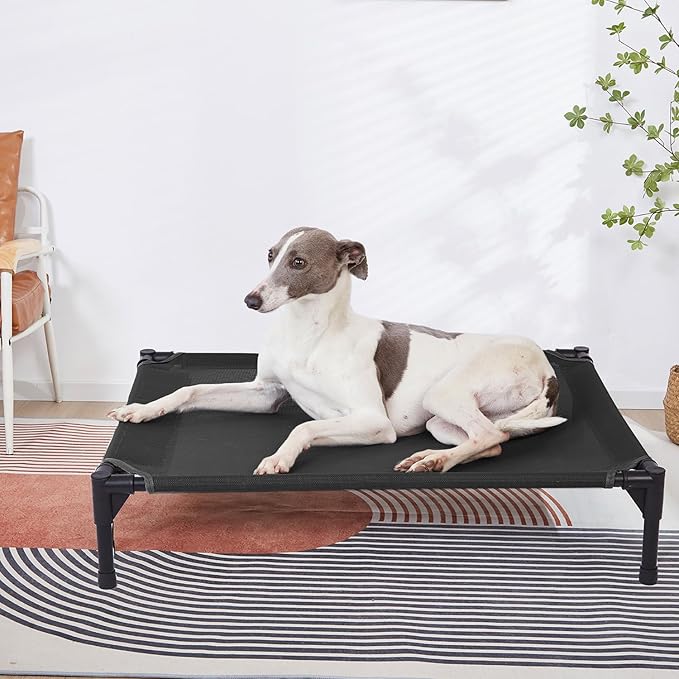 pettycare Elevated Outdoor Dog Bed - Raised Cot for Large Dogs, Heavy Duty Pet Cots Waterproof, Cooling, Washable Breathable Teslin Mesh, Durable, Non Slip, 42 Inch, Black