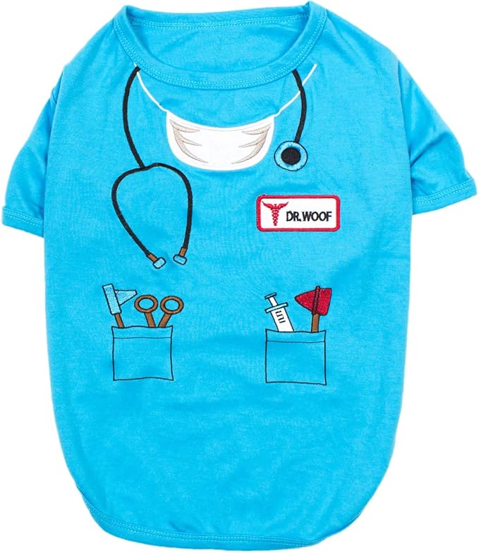 Parisian Pet Doctor Woof Dog Shirt - Embroidered Pirate Costume - 100% Cotton & Polyester Doctor Outfit - Sleeved Blue Funny Dog Shirts - XL