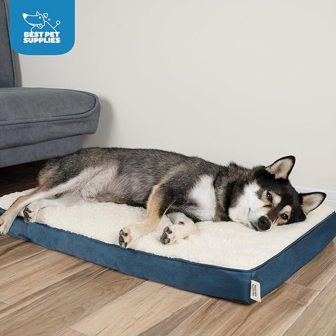 Best Pet Supplies Cute Dog Crate Mat Flat Bed with Waterproof Exterior, Thick Orthopedic Egg Foam Mattress, and Soft Sherpa Fleece Cover for Small, Medium, and Large Breeds - Blue, 41X29X4