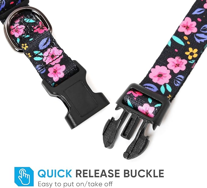 HEELE Dog Collar, Adjustable Soft Dog Collar for Small Medium Large Dogs,Floral Patterned Puppy Collars with Quick Release Buckle M Length 13.39''-20.87''