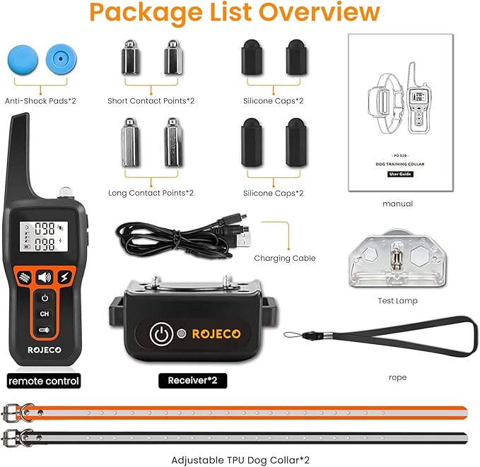 ROJECO Dog Shock Collar for 2 Dogs with 3300FT Remote,IPX7 Waterproof Rechargeable Shock Collar for Large Medium Small 2 Dogs for 4 to 120 lbs,3 Safe Training Modes with Beep,Vibration and Shock