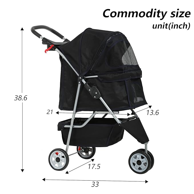 Travel Folding Pet Jogger for Small Medium Dog Cat - Folding Stroller with Storage Basket, Removable Cup Holders (Black, 3 Wheels)