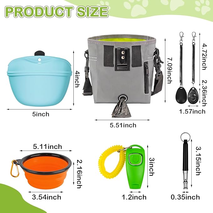 JIURUN Dog Treat Bag, Dog Training Kit - Treat Pouch, Pet Training Fanny Pack, Puppy Training Clicker, 2-in-1 Whistle Clicker, Collapsible Dog Bowl, 2 Dog Poop Bag(Gray)