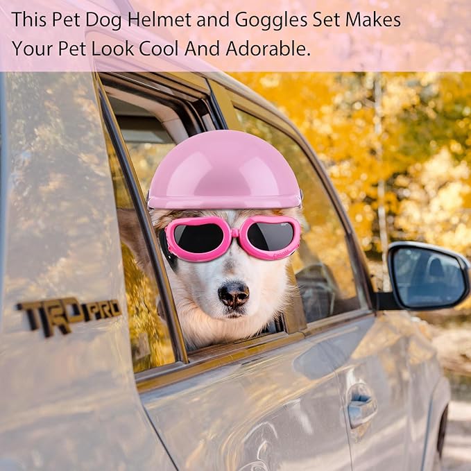 Frienda Dog Helmet and Goggles, UV Protection Doggy Sunglasses and 4 Inch Padded Puppy Motorcycle Helmet Adorable Dog Goggles with Adjustable Belt for Small Dogs Puppy Riding(Pink,S)
