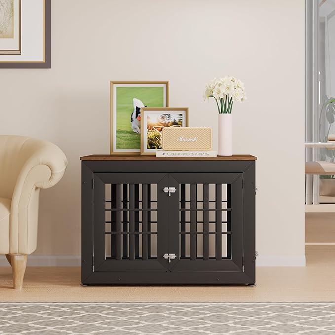 38" Heavy Duty Dog Crate Furniture for Small,Medium and Large Dogs,Rustic Wooden Dog Cage Kennel Indoor Furniture with Waterproof Top,Decorative Pet House Side End Table (Black & Wood)