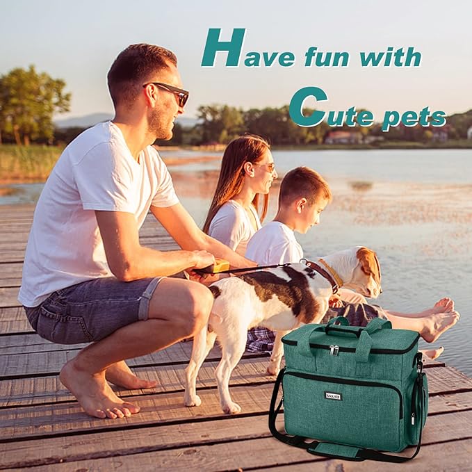 BAGLHER Dog Travel Bag, Airline Approved Pet Tote Organizer with Multi-Function Pockets, 2 X Food Storage Containers and 2 X Collapsible Dog Bowls, Perfect Weekend Pet Travel Set for Dog, Cat Green