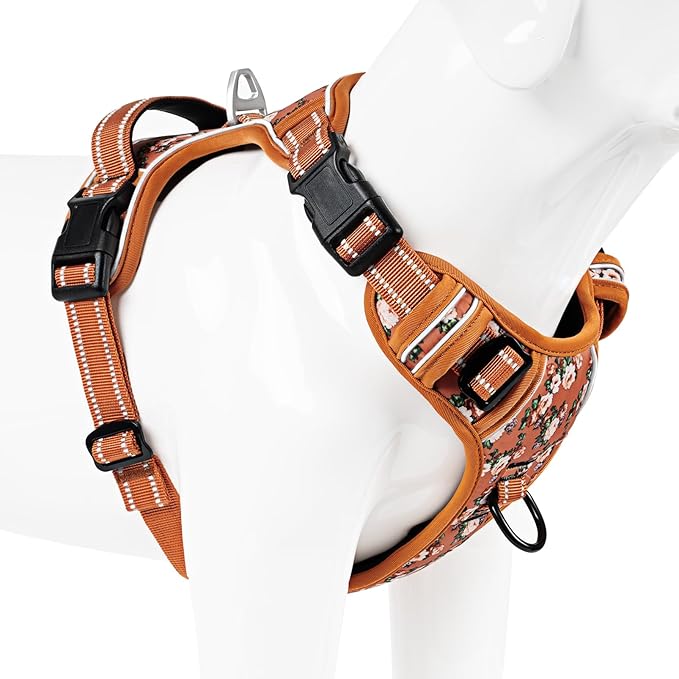 Timos Dog Harness, No Pull Dogs Harness 3 Snap Buckles Adjustable Reflective No Choke Pet Vest for Small Dog with Soft Padded Control Training Handle for Outdoor Training,Flower Orange, S