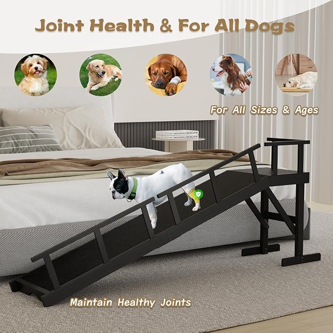 73" Dog Ramp for Bed, Pet Ramp with Removable Side Rail and Non-Slip Surface, Pet Ramp for Small & Large & Senior Dogs with Rest Platform and DIY Glow Strips,Dog Stairs for Couch, Black