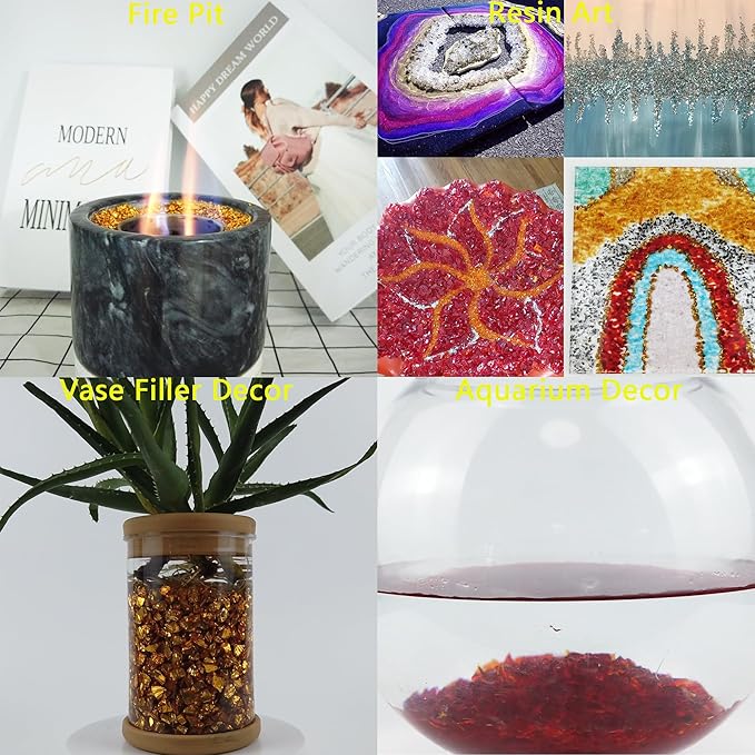 TWINKLING High Luster Crushed Glass Glitter, Broken Glass, Fire Glass Gems Chips for Fire Pit, DIY Resin Art, Epoxy Crafts, Geode Painting, Aquarium Decoration, 6-9mm(370g/13oz.) (Orange Red)
