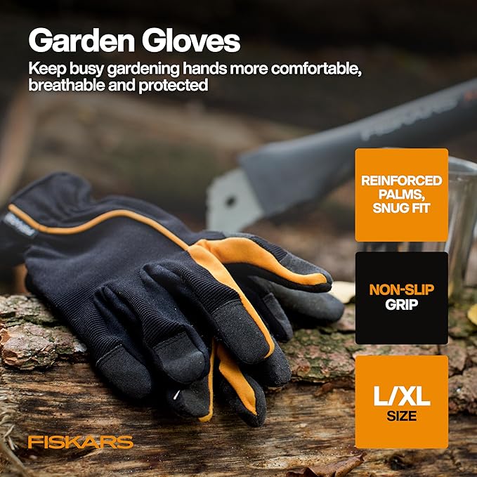 Fiskars Vegetable Garden Tool Set with Vegetable Shears, Seed Sower, Trowel, Cultivator, Weeder, and L/XL Garden Gloves for Indoor or Outdoor Gardening (6 Piece Kit), Gardening Gifts for Women