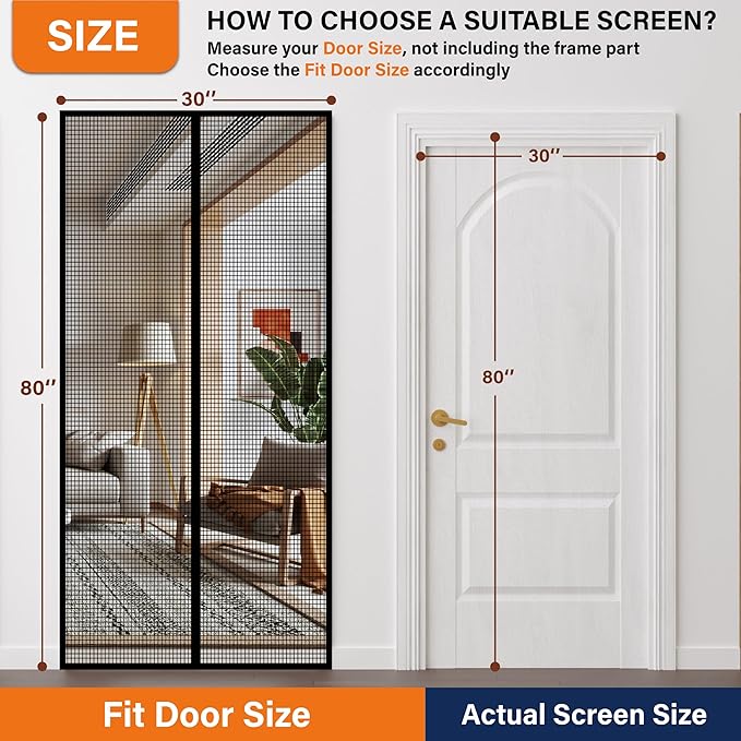 Magnetic Screen Door,Fiberglass Screen Door Mesh,Keep Bugs Out, Heavy-Duty Mesh Curtain,Pet and Kid Friendly, Works with Front Doors, Sliding Doors(36x80 Inch Fiberglass