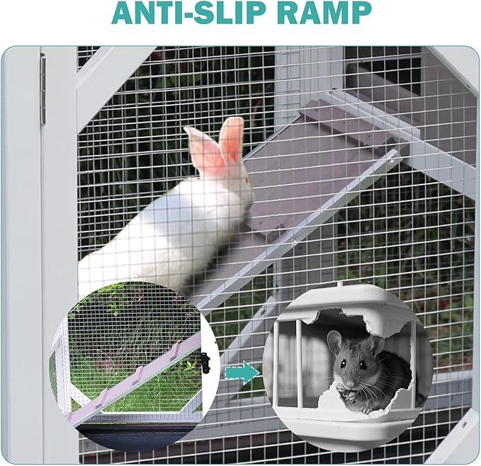 Rabbit Hutch Indoor for 2-4 Rabbits & Guinea Pigs,Bunny Cage with Slide-Out Plastic Trays,Wooden Small Animal Cage for Rabbits, Bunnies, and Guinea Pigs (Light Grey)