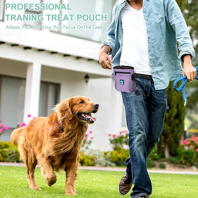 Dog Treat Pouch Magnetic Closure with Training Clicker,Hands-Free Design to Prevent Spills,Built in Poop Bag Dispenser,3 Ways To Wear,Metal Clip Waist Belt and Fanny Pack for Pet Walking(Purple)