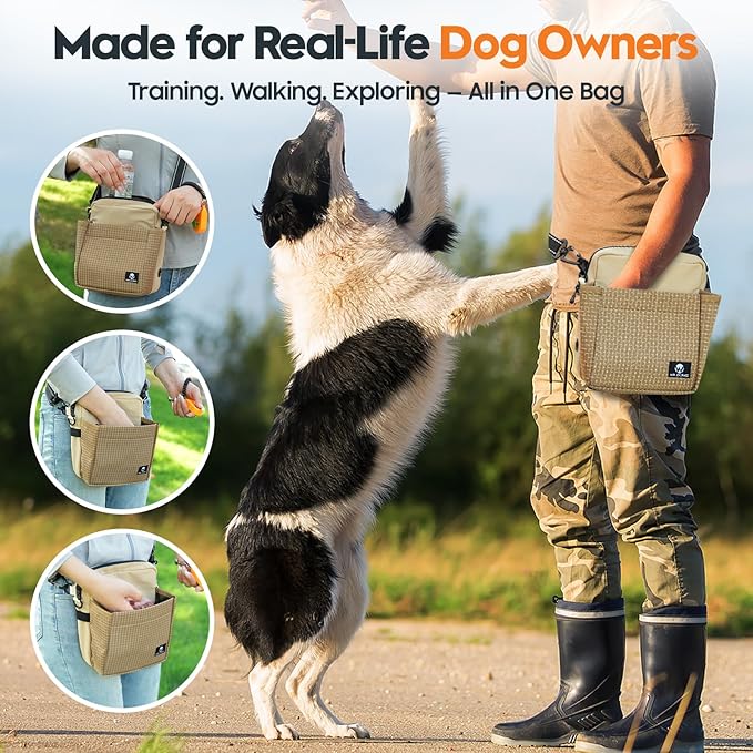 Dog Treat Pouch – Large Capacity with Magnetic Closure, Dog Walking Fanny Pack Built-in Poop Bag Dispenser, Clicker & Collapsible Bowl for Training & Walking - Khaki