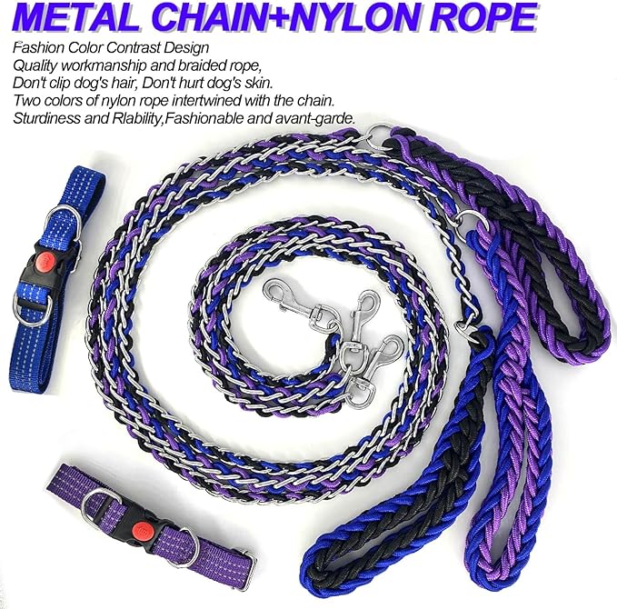 Dog Leash Rope Chain, Nylon Rope Metal Chain for Pet Leads. 6ft Heavy Duty Chew Proof Training Walking for Medium Large Dogs. (Medium, Purple&Black)