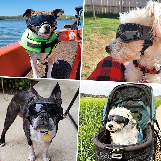 Dog Goggles Dog Sunglasses for Medium Breed UV Protection Windproof with Adjustable Head Straps Chin Straps for Ride Car/Hiking Travel/On Beach-Black