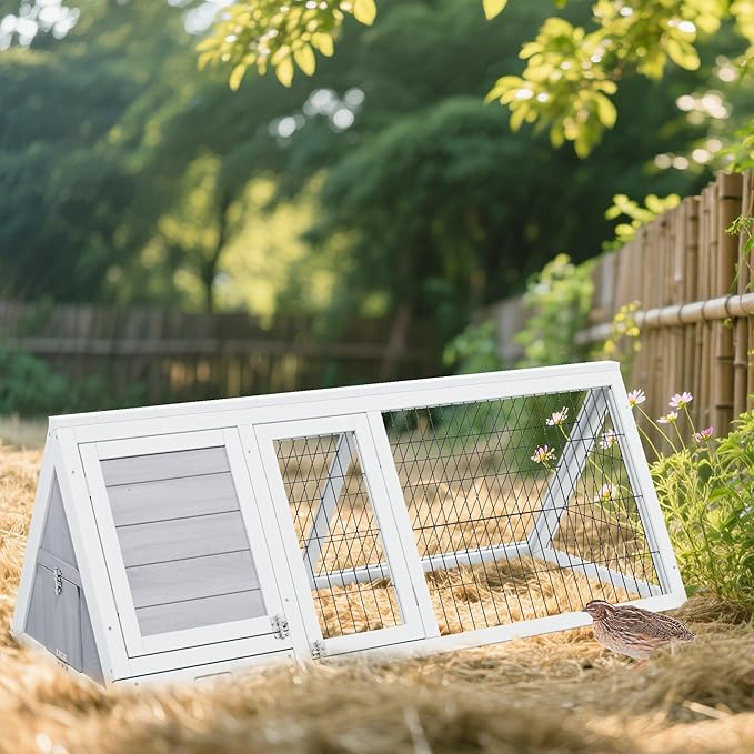 Wooden Quail Cage Indoor Outdoor,A-Frame Quail Coop,Triangle Rabbit Hutch with 2 Doors & Ventilating Wire for Small Animals,Sold by XilishppEcxEco (Grey)