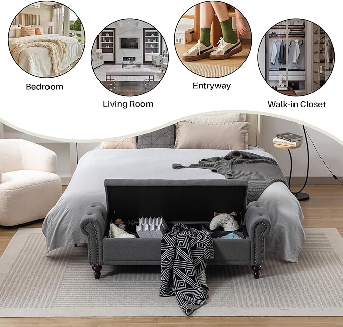 58.1'' Storage Bench Upholstered Linen End of Bedroom Bed Bench Ottoman with Tufted Cushioned Rolled Arm Large Storage Space for Reading Living Room Entryway, Grey