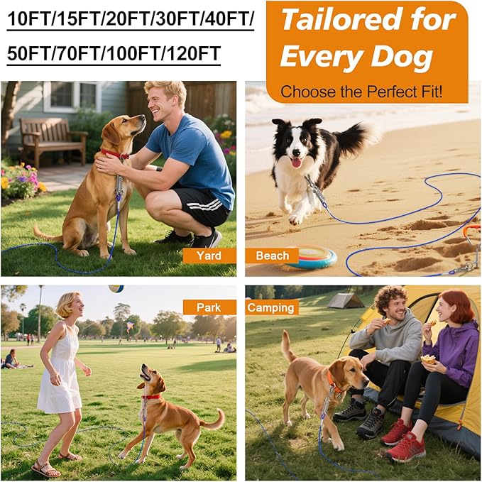 Tresbro 20 FT Dog Tie Out Cable with Spring, Shock Absorbing Tether Chains for Outside Aavilable in 10/15/20/25/30/40/50/70/100/120 FT, Heavy Duty Leads for Yard for Medium & Large Dogs Up to 500 LBS