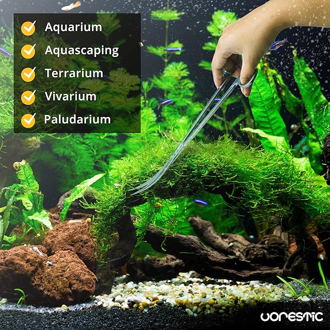 2PCS 15" Curved Aquarium Tweezers Long and 9.8" Aquarium Scissors, Feeding Tongs and Scissors with Protective Cap, Stainless Steel Aquascaping Tools for Plant Trimming and Reptile Feeding
