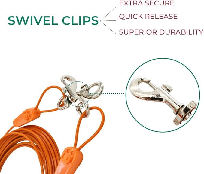25 ft Tie-Out Cables for Dogs - Strong, Safe, and Durable Dog Tie-Outs for Small Dogs up to 90 Pounds - Weather and Wear Resistant Galvanized Aircraft Cable for Outside Use