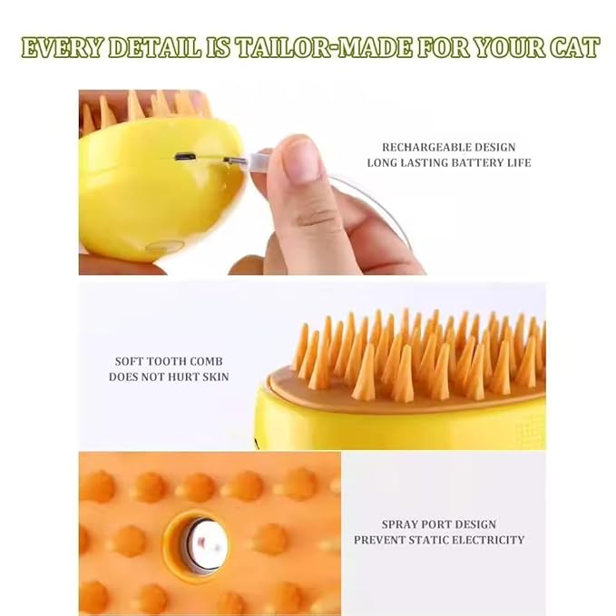 3-in-1 Rechargeable Pet Hair Brush: Massager, Steamy Comb & Self-Cleaning Mist Spray for Cats & Dogs