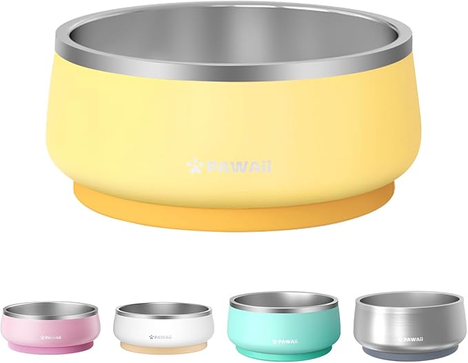 Pawaii Stainless Steel Dog Bowl with Non-Slip Rubber Base & Double Wall Insulation - Durable Design | Includes ID Tag | Dishwasher Safe Food & Water Bowl for All Dogs (34oz)