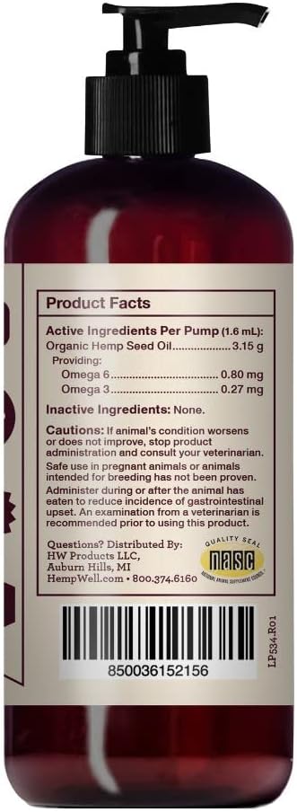 Hemp Well Thrive Oil for Dogs and Cats – Supports Hip, Joint, and Heart Health, Promotes Immune System, and Promotes Healthy Skin from Seasonal Allergies, Organically Sourced - 8 Ounces