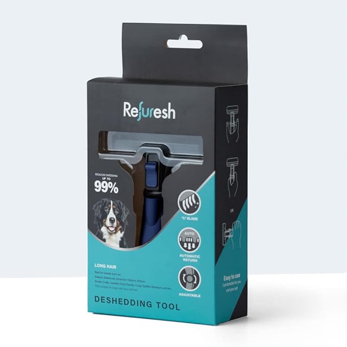 Deshedding Dog Brush for Long Hair (Large,Blue) – Gentle Deshedding tool for Dogs & Cats – Reduces shedding, without damaging topcoat. Removes Loose Fur & Dead Undercoat.