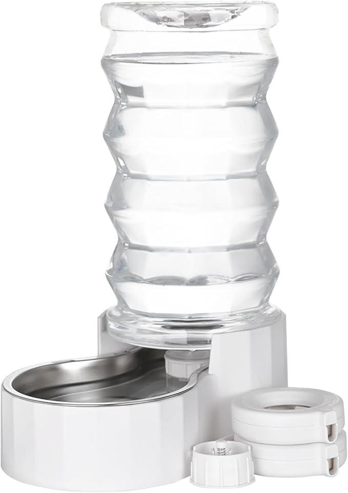RIZZARI Large Gravity Water Dispenser: 8L Automatic Upgraded Water Feeder with Stainless Steel Bowl - Two Caps and Filters for Pets Indoor/Outdoor Use by Owners
