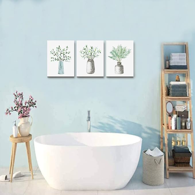 AHUASJART Canvas Wall Art Paintings For Kitchen Dining Room Large Size Wall Decor For Living Room Bedroom Wall Decoration Office Decor Green Leaf Vase Wall Pictures Artwork For Home Walls 3 Piece