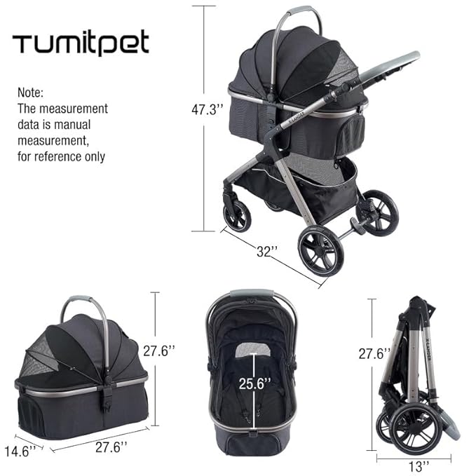 Pet Stroller for Small Medium Dogs, Cat Carriage Travel System Four Wheel Dog Stroller with Carrier, Zipperless Entry/Cup Holder/Storage Basket