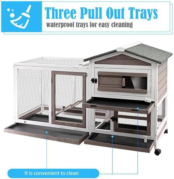 Rabbit Hutch Indoor Outdoor Two Story Bunny Hutch with Wheels Guinea Pig Cage with Removable No Leaking Tray Wooden Pet House