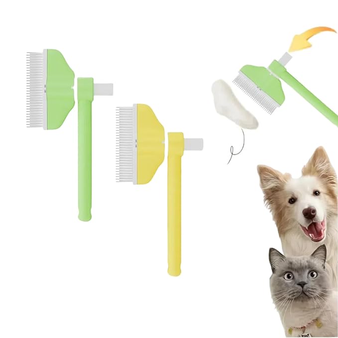 360° Press and Rotate Flea Comb for Cats and Dogs - Self-Cleaning Pet Hair Removal Tool with Release Button & Long-Short Stainless Steel Teeth for Shedding (Green and Yellow)