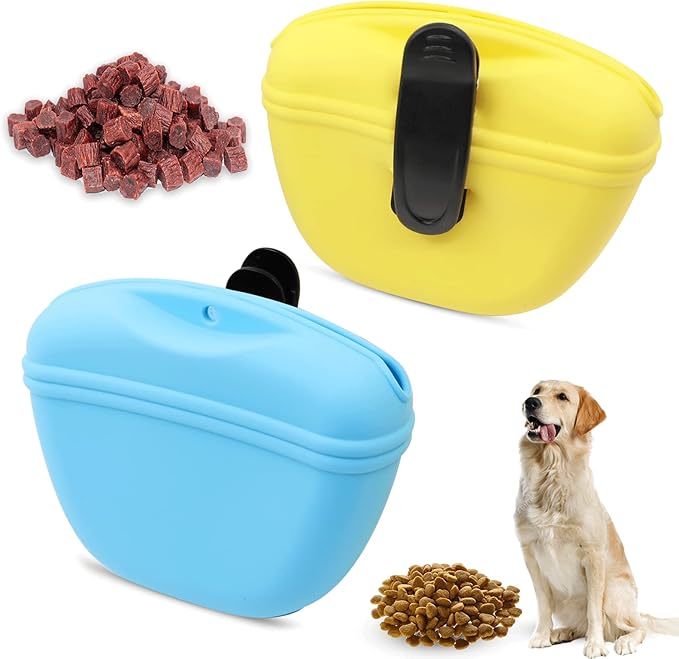 Dog Treat Pouch 2 Pack, Dog Treat Training Pouch, Silicone Pet Treat Bag BPA Free/Clip/Magnetic Dog Walk (Yellow & Blue)