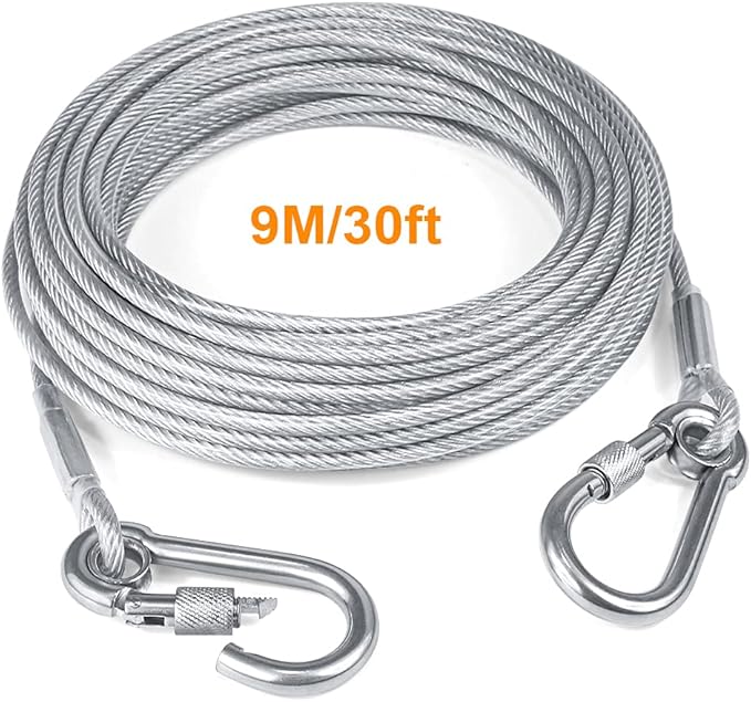 Tresbro 30FT Reflective Tie Out Cable for Dogs Up to 250 Pounds, Steel Wire Lead Leash Cable with Stainless Dual Fix Buckle, Lightweight and Enduring, Outdoor Dog Chains for Outside,Yard,Camping