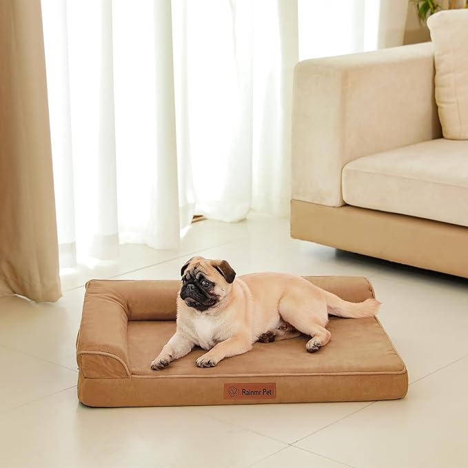 Chew Proof Dog Bed, 3" Memory Foam Dog Bed for Small and Medium Dogs, Removable and Washable Microsuede Cover, Waterproof Liner, Nonskid Bottom, 30x20 Inches S Khaki