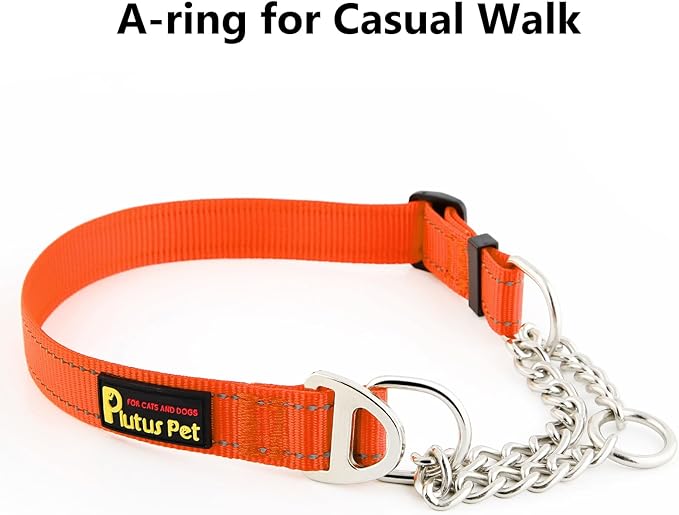 Plutus Pet Martingale Dog Collar with Stainless Steel Chain and Reflective Nylon, Adjustable No Pull Training Collar, for Small Medium, and Large Dogs, Orange, S
