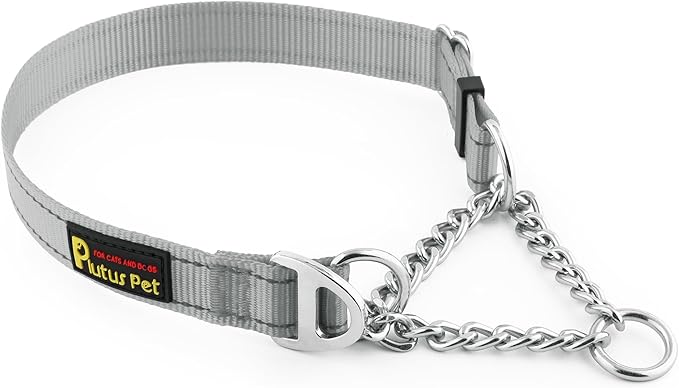 Plutus Pet Martingale Dog Collar with Stainless Steel Chain and Reflective Nylon, Adjustable No Pull Training Collar, for Small Medium, and Large Dogs, Gray, S