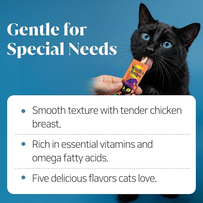 Witch's Recipe Lickable Cat Treats, Creamy Squeezable Puree, Grain-Free, 100 Tubes, Chicken Tuna Salmon goatmilk Capelin Flavors 0.5oz Each Tube