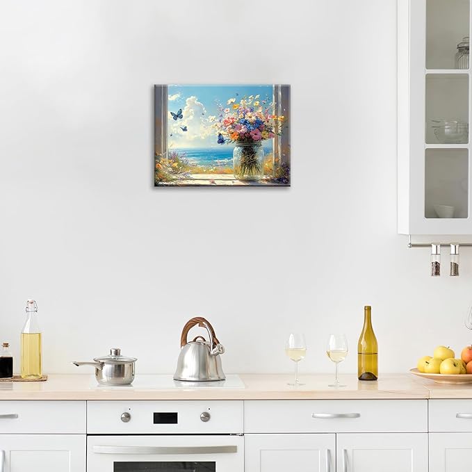 Beach Floral Bathroom Pictures Wall Art, Colorful Flower Bathroom Wall Decor, Coastal Ocean Framed Painting Canvas Artwork for Bedroom Living Room Decorations 16"L x 12"W