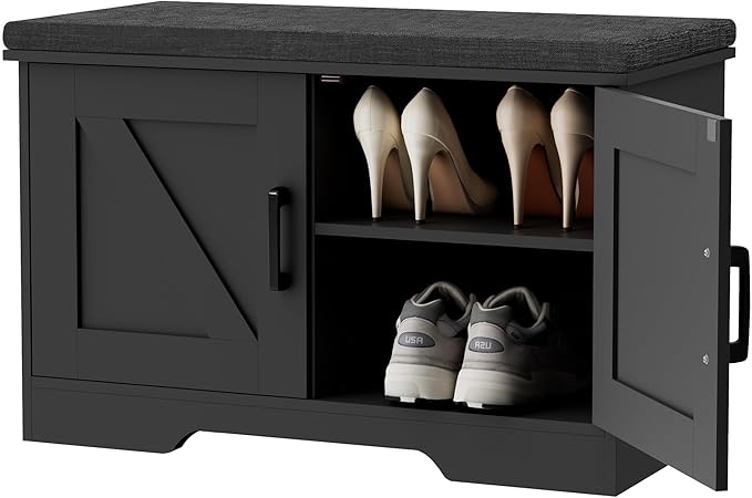 2-Tier Storage Bench, Shoe Bench with Padded Seat Cushion, Entryway Bench with 2 Barn Doors, Adjustable Shelf, 13.8" D x 27.6" W x 17.7" H, for Entryway, Living Room, Bedroom, Black